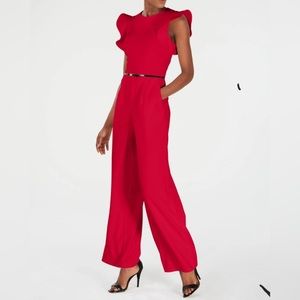 Red Calvin Klein Pantsuit with ruffle sleeve